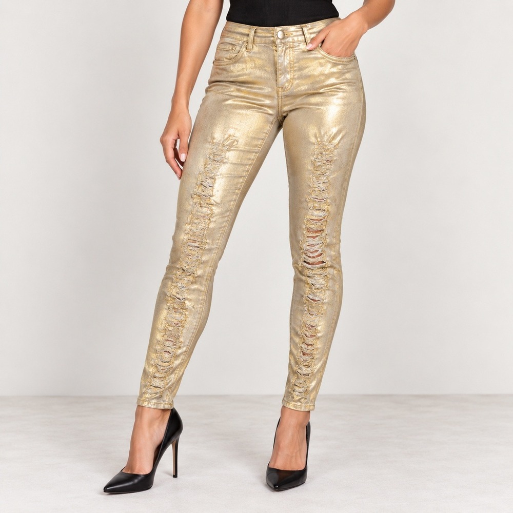 GUESS Sexy Curvy Women 27 Gold Skinny Jeans Ripped Frayed Distressed Y2K Rocker